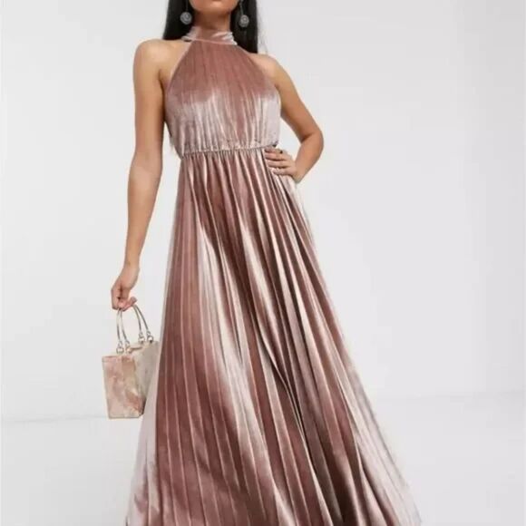 ASOS High Neck Pleated Champaign Pink Formal Maxi Dress Velvet Size 8 - Picture 1 of 16
